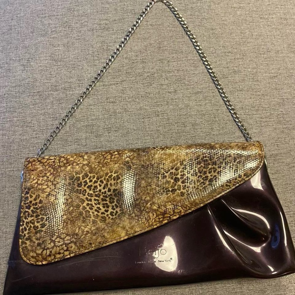 Vintage beijo patent leather leopard and egg plant clutch